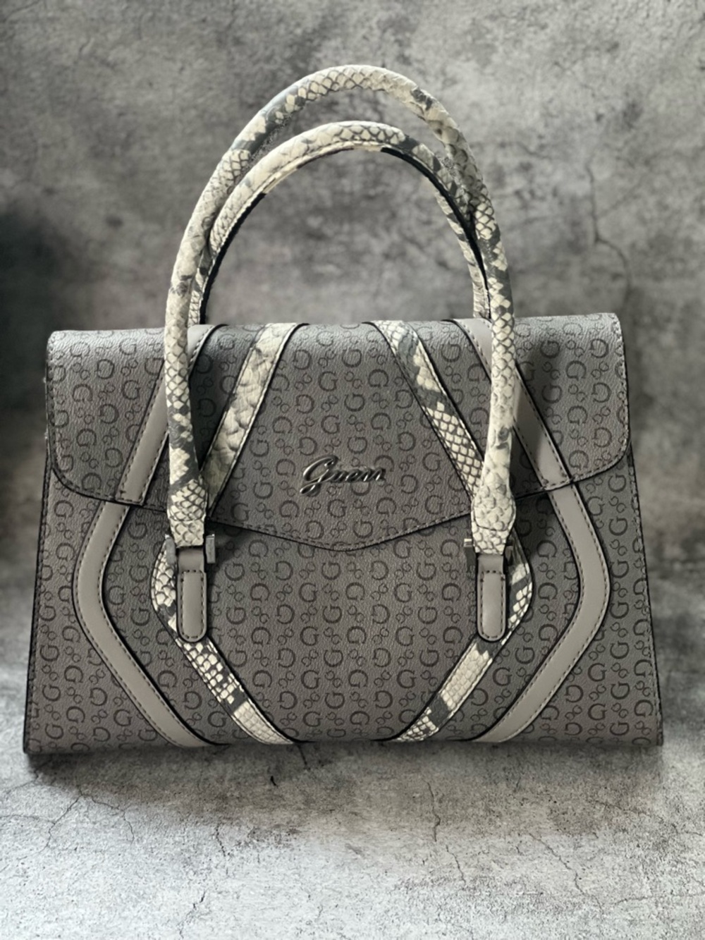 EUC Guess Gray Logo Satchel with Snake-Print Accents and Crossbody Strap